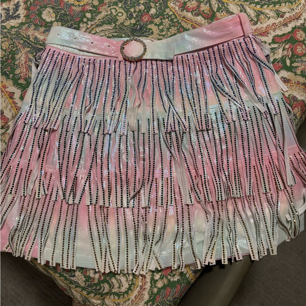 QUEEN OF SPARKLES Pink and White Fringe Skirt